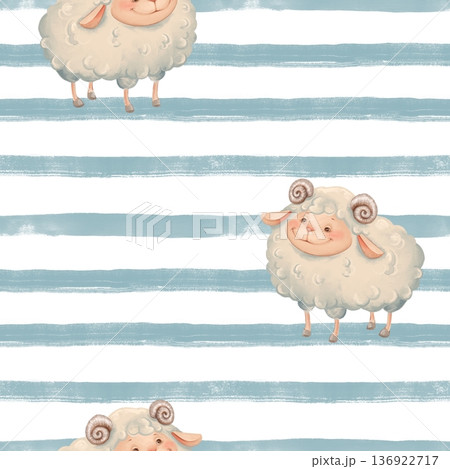 Hand drawn illustration of seamless pattern with fluffy sheep on light blue watercolor horizontal stripes Hand drawn illustration of seamless pattern with fluffy sheep on light blue watercolor horizontal stripes 136922717