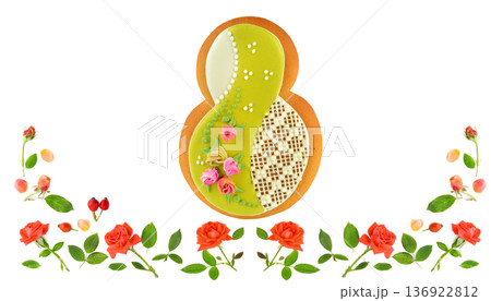 International Women's Day Greeting Card with Pink Roses and Gingerbread Cookie 136922812