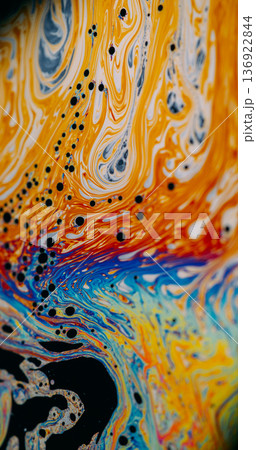 Soap bubble texture. Blur gasoline fluid. Colorful pigment wave spill on water. Orange yellow blue ink flow abstract swirl background. 136922844