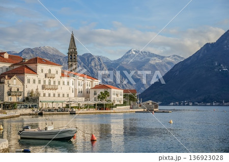 Panoramic View of Historic Coastal Town Perast Montenegro Panoramic View of Historic Coastal Town Perast Montenegro 136923028