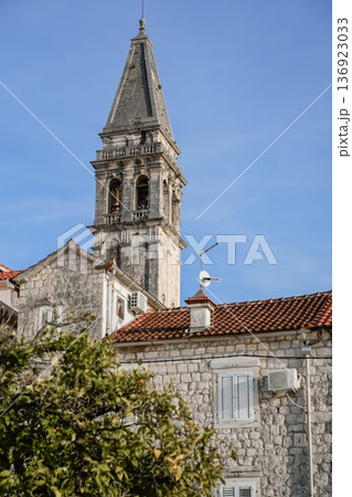 Vertical View of Catholic Bell Tower in Perast 136923033