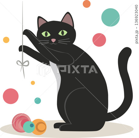 Cute feline playing with ribbon in colorful flat artwork. PNG 136923040