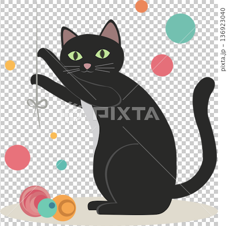 Cute feline playing with ribbon in colorful flat artwork. PNG 136923040