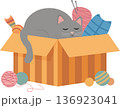 Sleeping cat inside a box with tangled yarn balls for a cute scene. PNG 136923041