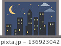 Nighttime cityscape viewed through a window with glowing lights and dark sky. PNG 136923042