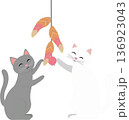 Playful cats batting and chasing feathers in minimal flat graphic design. PNG 136923043