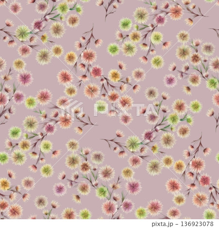 Floral pattern with pastel spiky flowers and brown stems on mauve background. Soft colors and organic layout create gentle, elegant texture for textile, wallpaper, decor, design Floral pattern with pastel spiky flowers and brown stems on mauve background. Soft colors and organic layout create gentle, elegant texture for textile, wallpaper, decor, design 136923078
