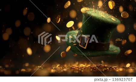 Patricks day background with Hat and golden coins 136923707