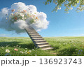 Stone stairs climb from a bright wildflower meadow into a soft cloud overflowing with blossoms 136923743