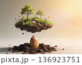 A glossy seed rests in fresh soil while a floating island of earth, grass, flowers, and tiny trees hovers above 136923751
