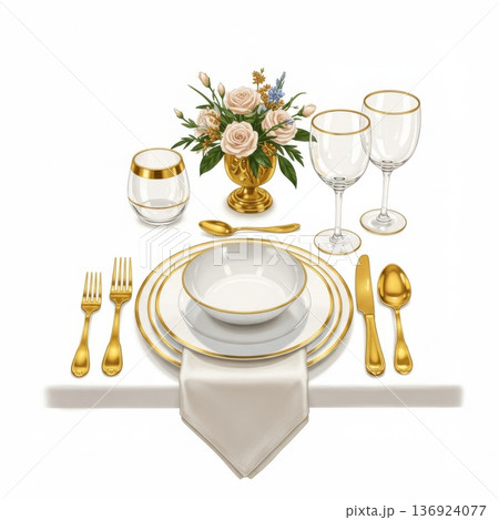 Elegant Table Setting with Gold Cutlery and Floral Centerpiece 136924077