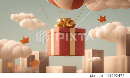 秋のオフィス街上空でテラコッタと金のギフトが黄金色の光で降下する 136924724
