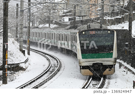 雪の中を走るE233系電車 136924947