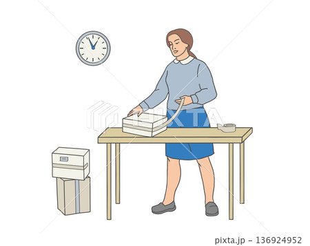Woman sealing cardboard box with adhesive tape on table. 136924952