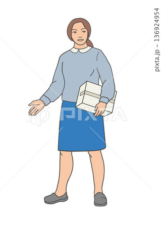 Woman holding cardboard box and gesturing with open hand, side view. Woman holding cardboard box and gesturing with open hand, side view. 136924954