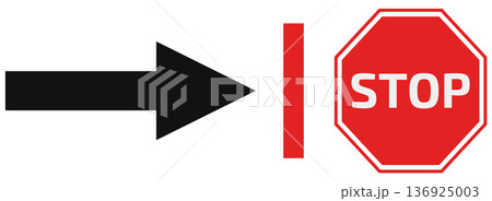 Black arrow pointing towards a red stop sign on white background, symbolizing direction and caution. Black arrow pointing towards a red stop sign on white background, symbolizing direction and caution. 136925003