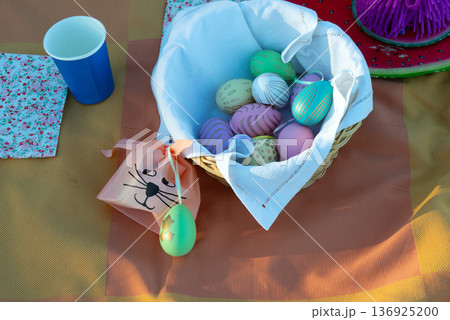 Flat lay of tablecloth and easter decoration Flat lay of tablecloth and easter decoration 136925200