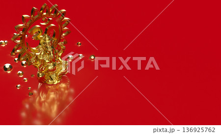 Golden Ganesha with Om Symbol on Red 3d render. 136925762