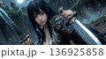 双剣を構える黒髪の美少女　 A beautiful black-haired girl holdin 136925858