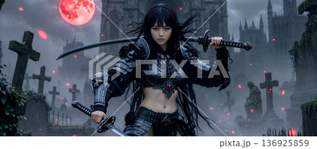 刀を構える黒髪の美少女　A beautiful black-haired girl holding  136925859