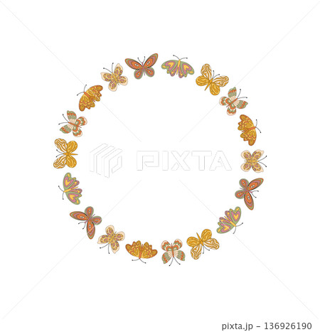 Groovy retro butterfly circle border frame style with seamless floral pattern. Nature and spring elements blend as colorful orange y2k motif, ideal for cheerful, trendy pattern concepts. 136926190