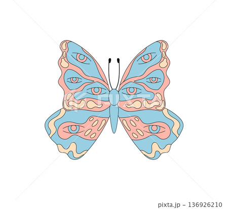 Groovy y2k butterfly sticker in psychedelic colorful cartoon graphic style pops with eye shapes. Groovy element creates a trippy retro graphic, perfect as a playful and bold sticker design. 136926210