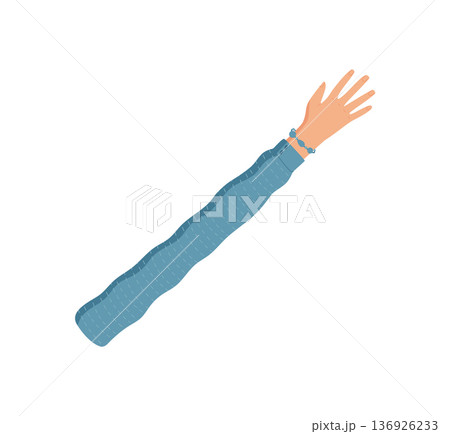 Open human hand in cartoon graphic style. Open arm with extended fingers upward, representing gesture and symbol of action. Bright flat design, diverse artistic element, colorful abstract concept, 136926233