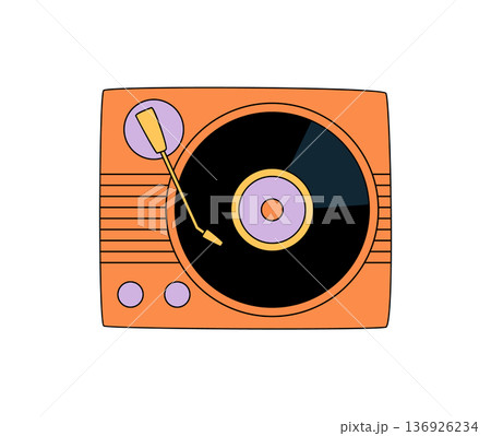 Retro groovy orange music sticker in flat style. Vintage y2k record player and audio motif as groovy element, cool flat icon with playful vibes. Trendy art for creative projects. 136926234
