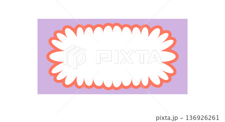Groovy scallop border rectangle shape and wavy cartoon element form this retro pink frame. Graphic y2k background adds playful, stylish accent for fun and creative design projects. 136926261