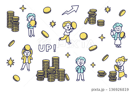 コインと喜ぶ人物のイラストセット コインと喜ぶ人物のイラストセット 136926819