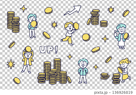 コインと喜ぶ人物のイラストセット コインと喜ぶ人物のイラストセット 136926819