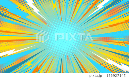 Comic Pop Art Explosion Background with Halftone Dots and Bright Colorful Lightning Rays. Dynamic Retro Burst Banner Poster Template for Advertising. Powerful Vibrant Manga Bg. Vector Illustration 136927145