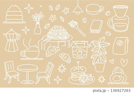 喫茶店をイメージした食べ物や物のイラストセット 喫茶店をイメージした食べ物や物のイラストセット 136927263