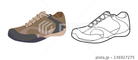 Hiking sneaker shoe flat plus line set. Grip sole footwear for gear guide, infographic, activewear design for man woman  136927275