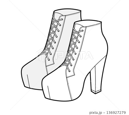 Platform ankle boot women sketch pair. Lace up high heel footwear for party, concert, fashion show outfit.  136927279