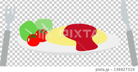 皿に盛られたオムレツ（ナイフとフォーク付き）のイラスト素材 136927319