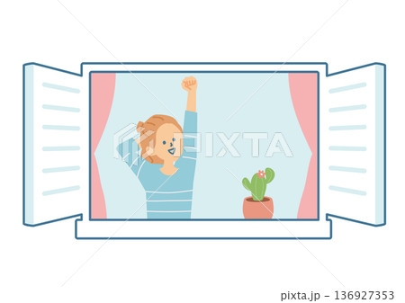 窓を開けて伸びをする女性のイラスト 136927353