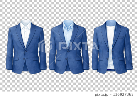 ネイビースーツ3着セット ビジネスジャケット 上半身 人物なし 水彩風イラスト素材 136927365