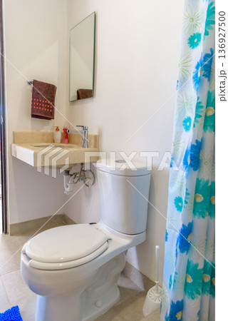 Small bathroom with floral curtain and corner sink Small bathroom with floral curtain and corner sink 136927500