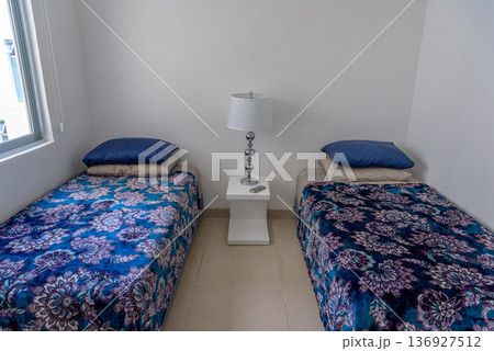 Clean twin bedroom with matching beds and decorative lamp Clean twin bedroom with matching beds and decorative lamp 136927512