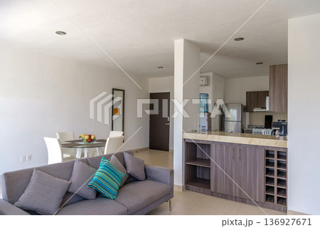 Modern open plan living room and kitchen interior 136927671