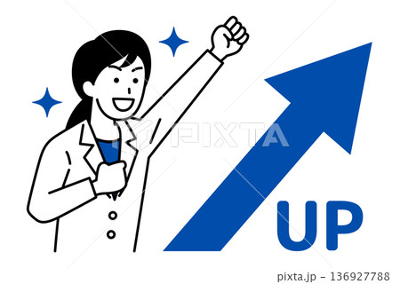 上昇する矢印とガッツポーズで喜ぶ医師の女性 136927788