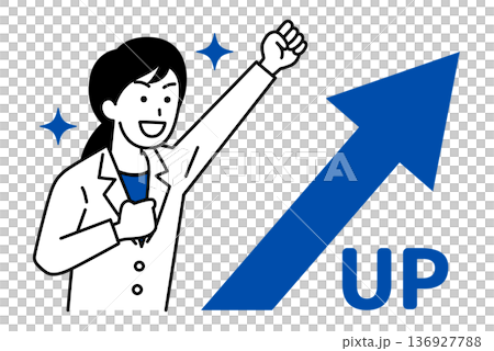 上昇する矢印とガッツポーズで喜ぶ医師の女性 136927788