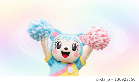 Cute mascot character cheering with colorful pom poms 136928556