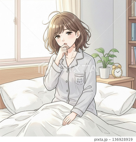 パジャマ姿の寝起きの若い女性 136928919