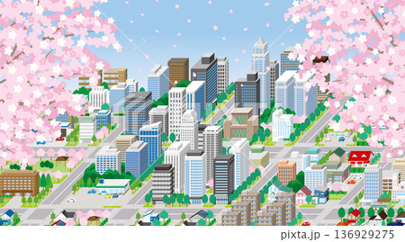 春の街並み. アイソメ図で描いた都市. 136929275