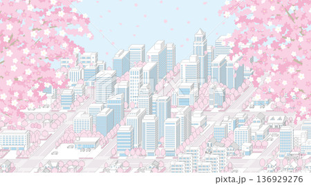 春の街並み. アイソメ図で描いた都市. 136929276