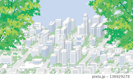 新緑の街並み. アイソメ図で描いた都市. 新緑の街並み. アイソメ図で描いた都市. 136929278