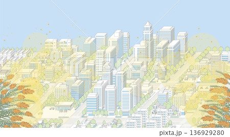 花粉が飛散する街並み. アイソメ図で描いた都市. 136929280