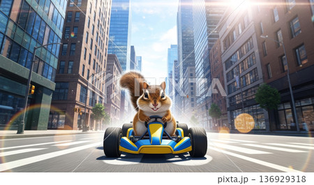 ゴーカートに乗るシマリス ゴーカートに乗るシマリス 136929318